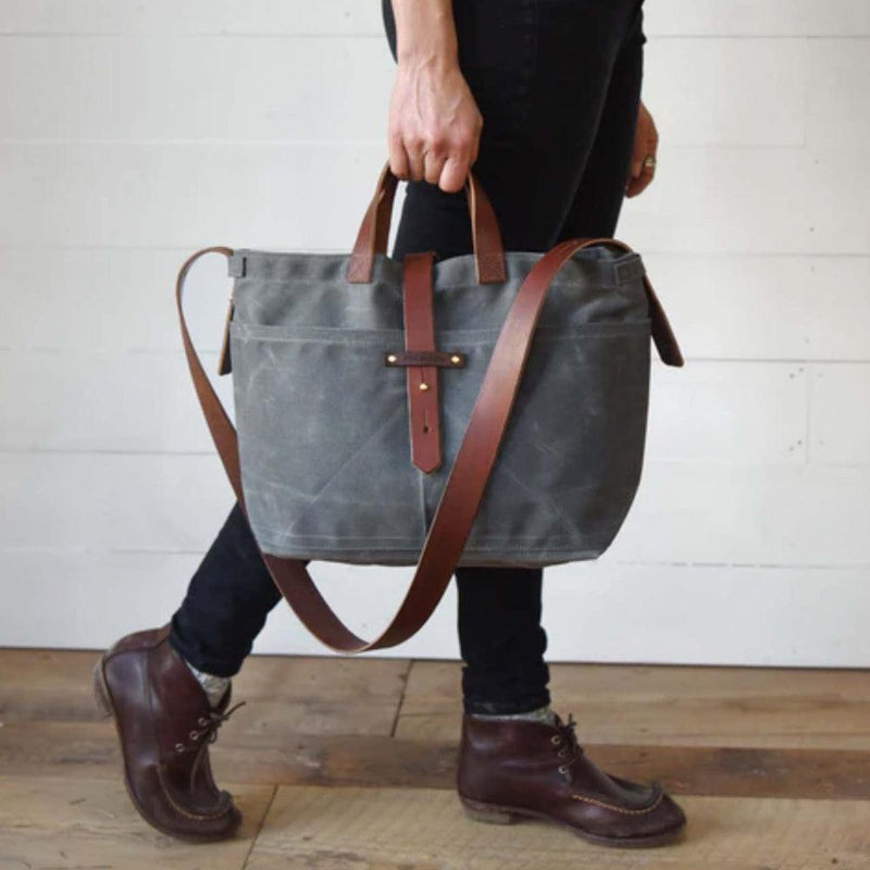 Peg and Awl Waxed Canvas Tote Bag - Slate - In The Hand