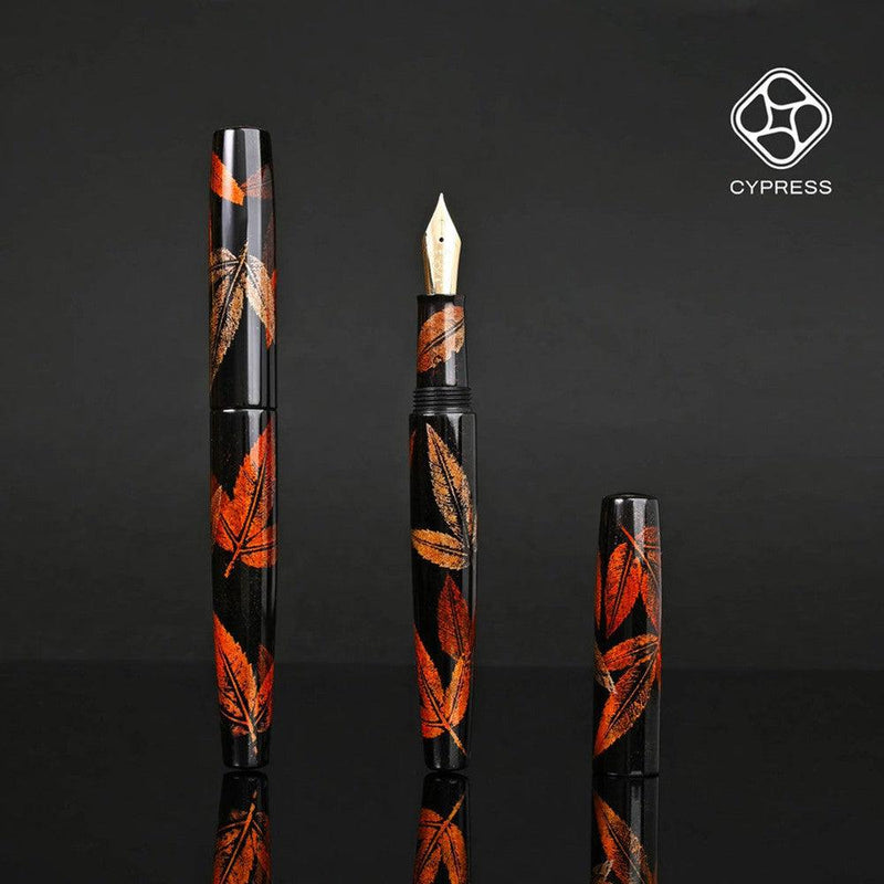 CYPRESS Maki-e Golden Leaf Rubbing-B Fountain Pen (14K) - One Fountain Pen with Cap Cover and One without Cap Cover