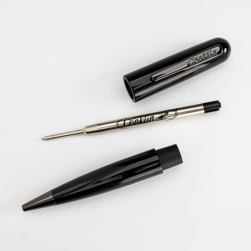 Conklin All American Raven Black Ballpoint Pen - Pen Disassembled On White Background | EndlessPens