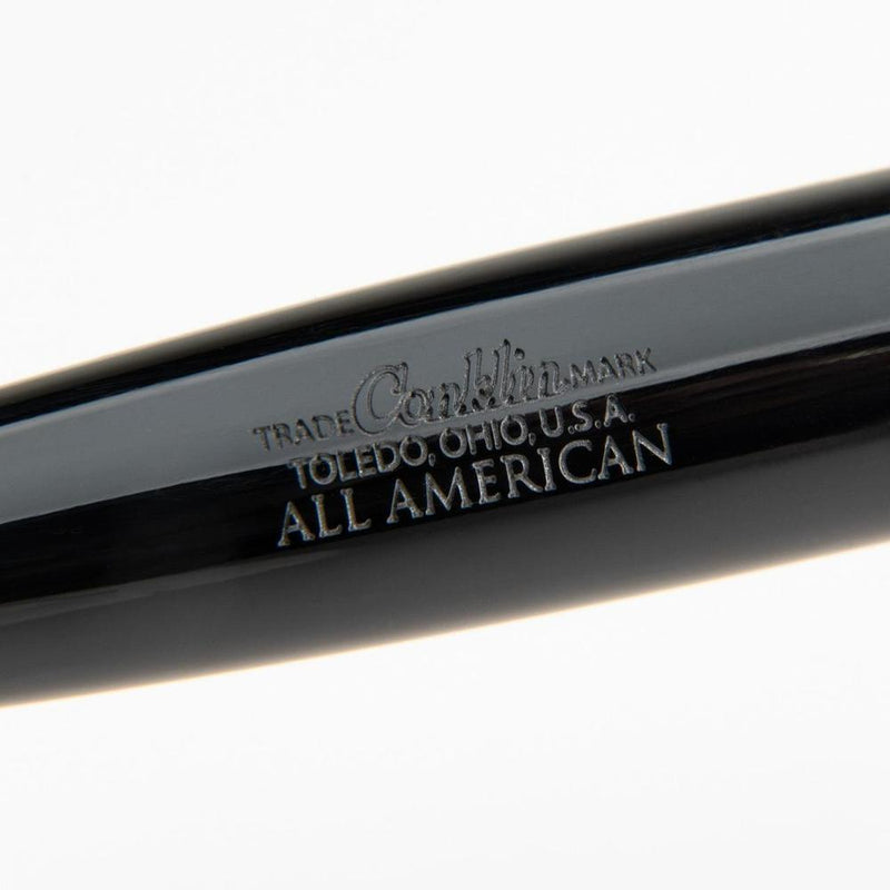 Conklin All American Raven Black Ballpoint Pen - Pen Markings Close Up View On White Background | EndlessPens