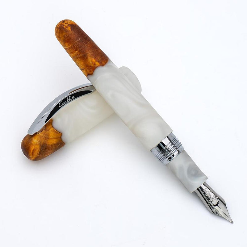 Conklin 1898 Spectra Fusion White Fountain Pen - Pen With Cap Cover Removed Exposing Nib | EndlessPens