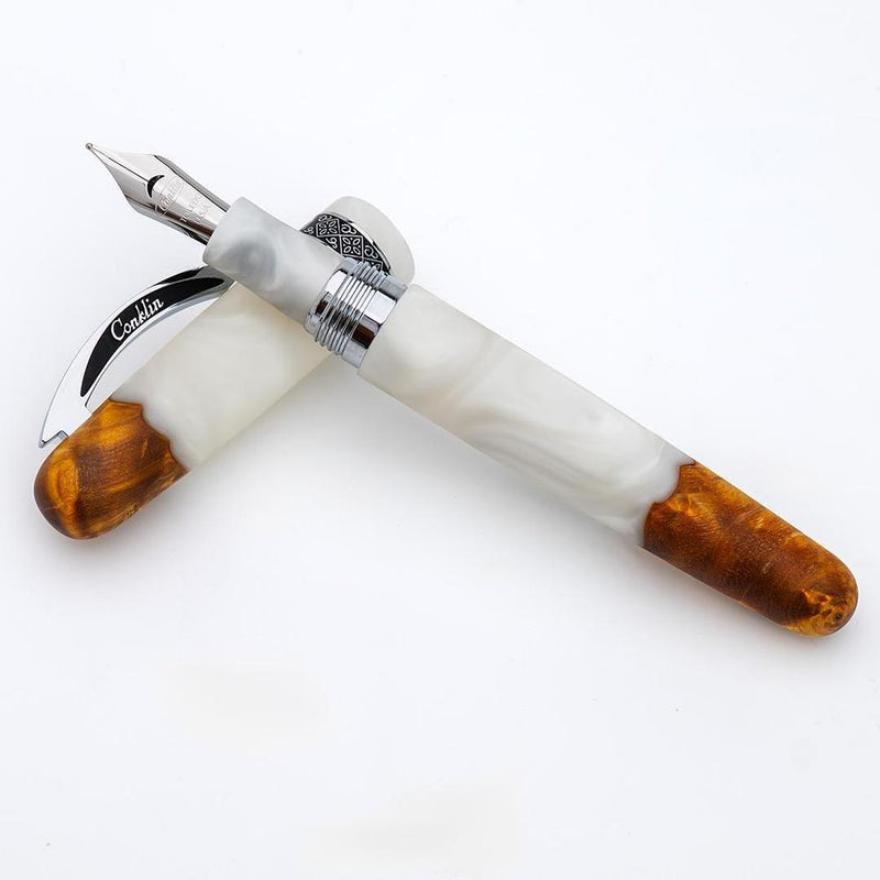 Conklin 1898 Spectra Fusion White Fountain Pen - Pen with Removed Cap Cover on White Background | EndlessPens