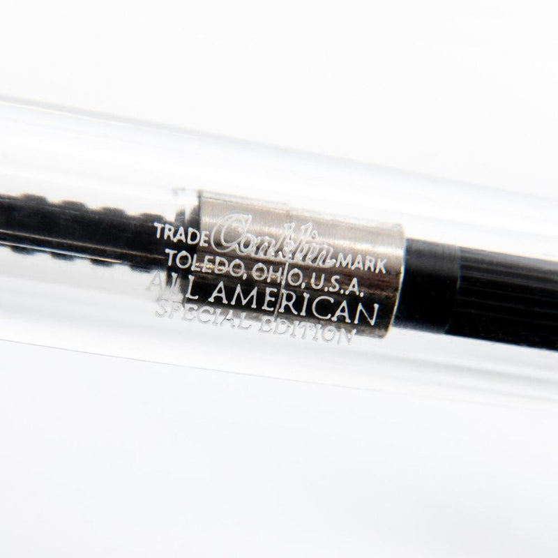 Conklin All American Demo Clear Fountain Pen - Pen Markings Close Up on White Background | EndlessPens