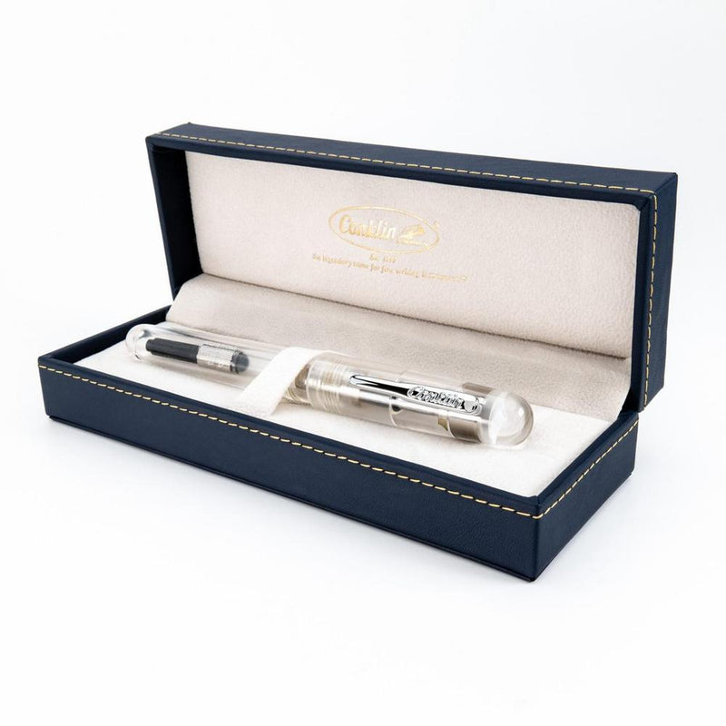 Conklin All American Demo Clear Fountain Pen - Pen Displayed In Case on White Background | EndlessPens