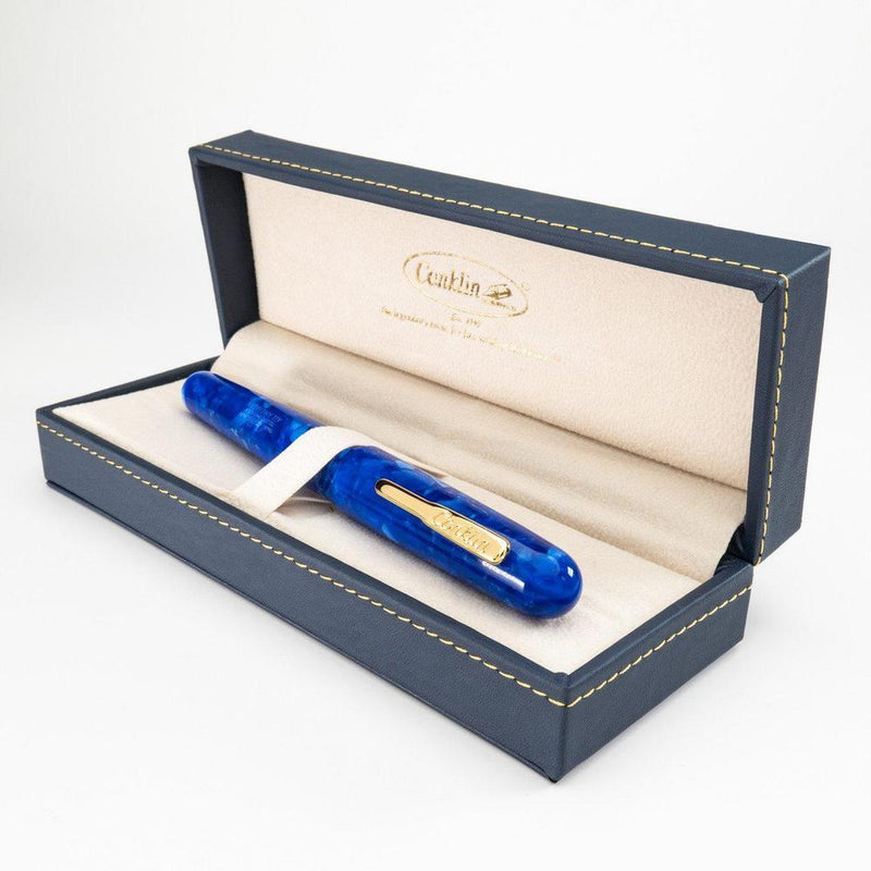 Conklin All American Lapis Blue Fountain Pen - Pen Displayed In Case On White Background | EndlessPens