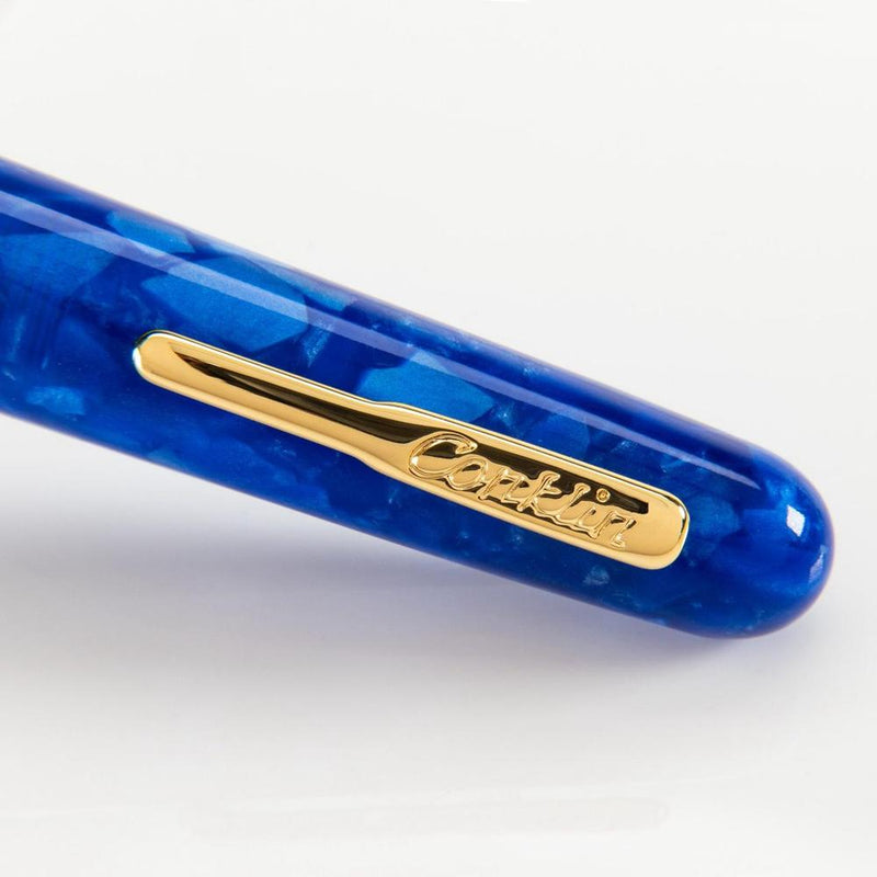 Conklin All American Lapis Blue Fountain Pen - Pen Brand Marking Close Up View On White Background | EndlessPens