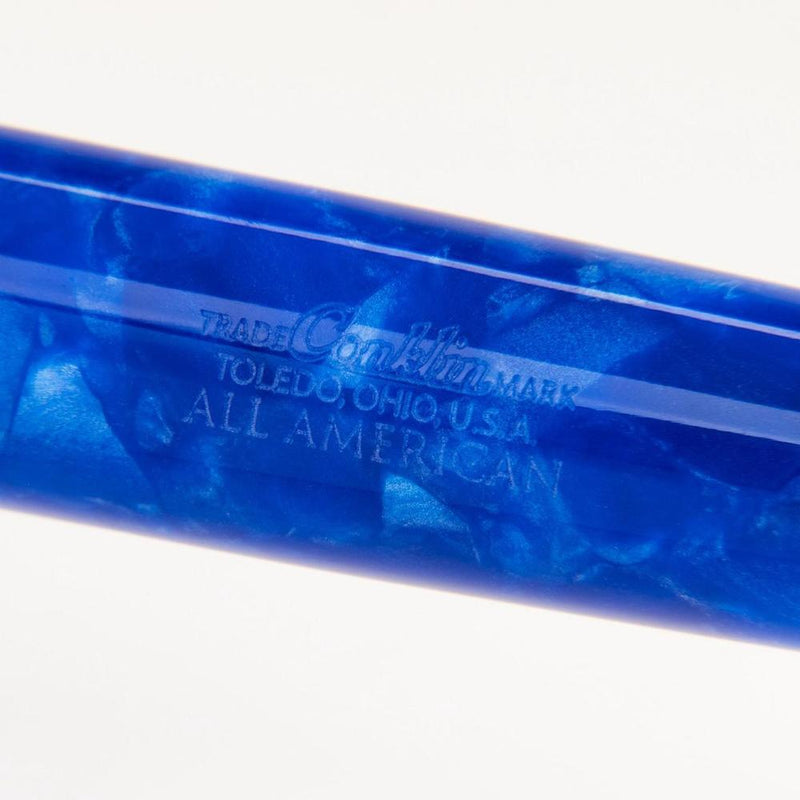 Conklin All American Lapis Blue Fountain Pen - Pen Markings Close Up View On White Background | EndlessPens