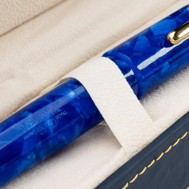 Conklin All American Lapis Blue Fountain Pen - Pen In Case On White Background | EndlessPens