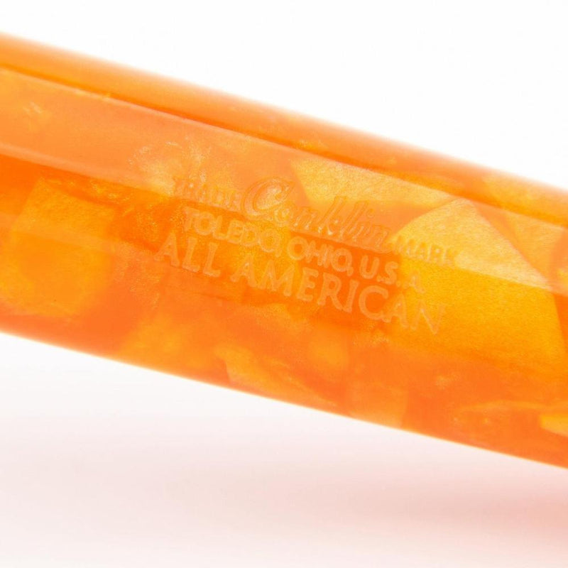 Conklin All American Sunburst Orange Fountain Pen - Brand Markings Close Up View On White Background | EndlessPens