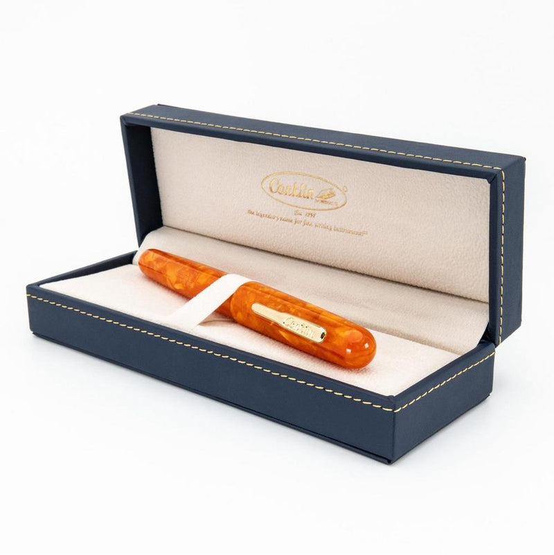 Conklin All American Sunburst Orange Fountain Pen - Pen Displayed In Case On White Background | EndlessPens