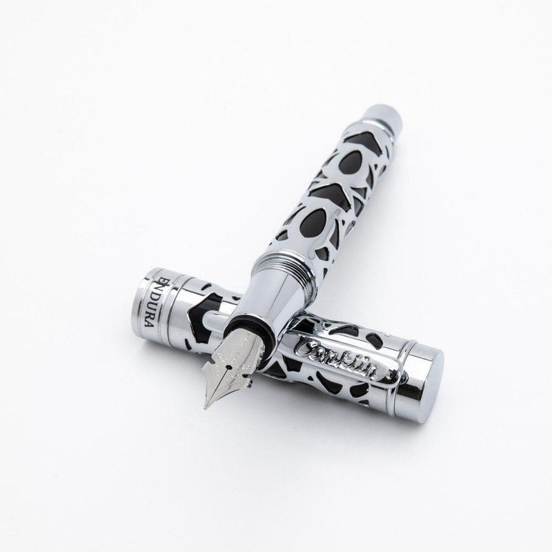 Conklin Endura Deco Crest Black Fountain Pen - Pen and Cap Cover on White Background | EndlessPens