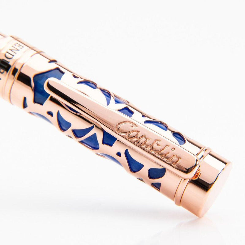 Conklin Endura Deco Crest Blue Fountain Pen - Pen Brand Markings Close Up | EndlessPens