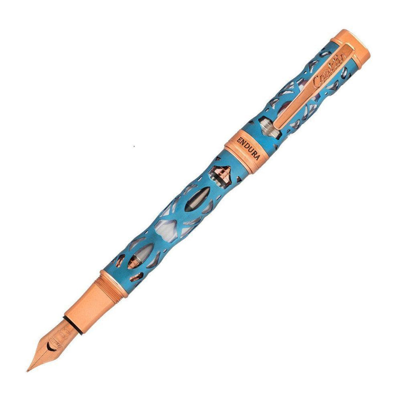 Conklin Endura Deco Crest Demo Blue / Rosegold Fountain Pen - Pen on White Background | EndlessPens