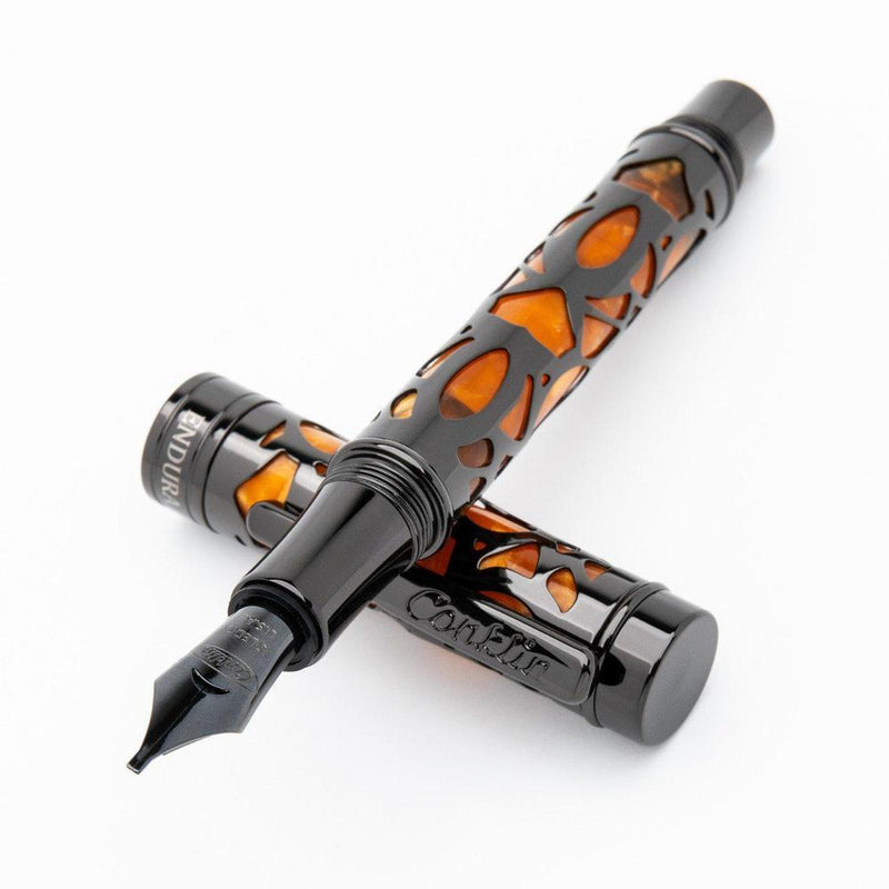 Conklin Endura Deco Crest Orange Fountain Pen - Pen and Cap Cover on White Background | EndlessPens
