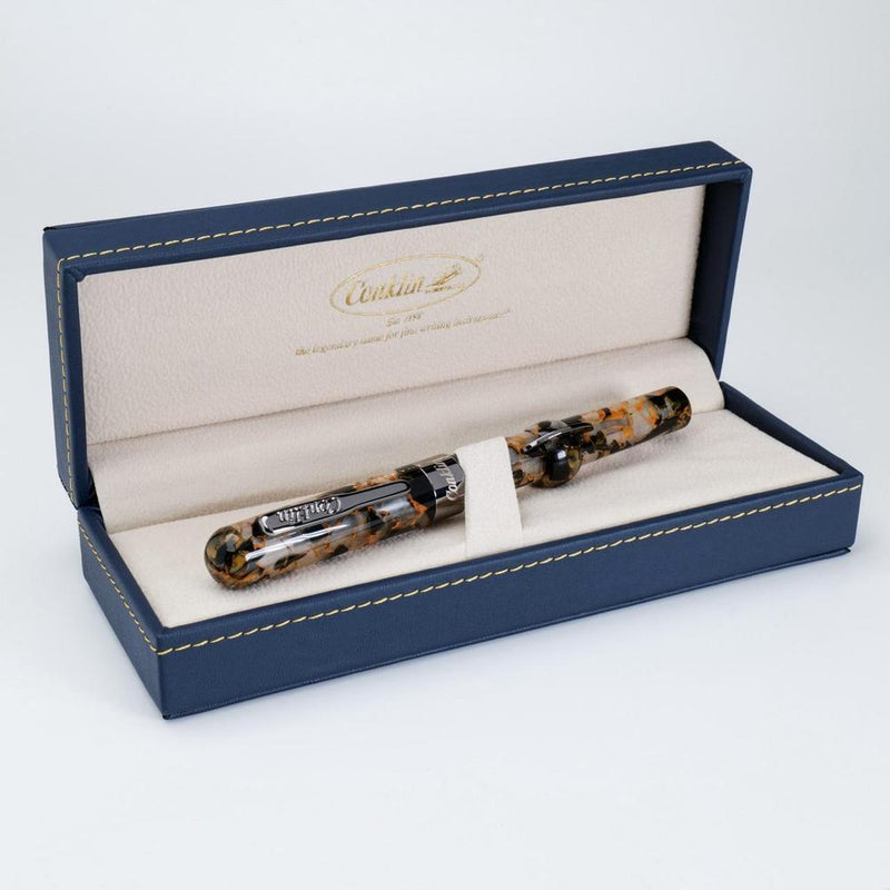 Conklin Mark Twain Crescent Orange Medley with Gunmetal Fountain Pen - Pen Displayed In Case | EndlessPens