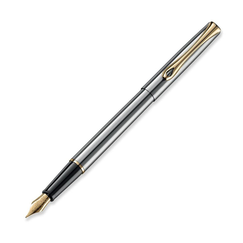 Diplomat Fountain Pen - Traveller Stainless Steel w/ Gold Trim