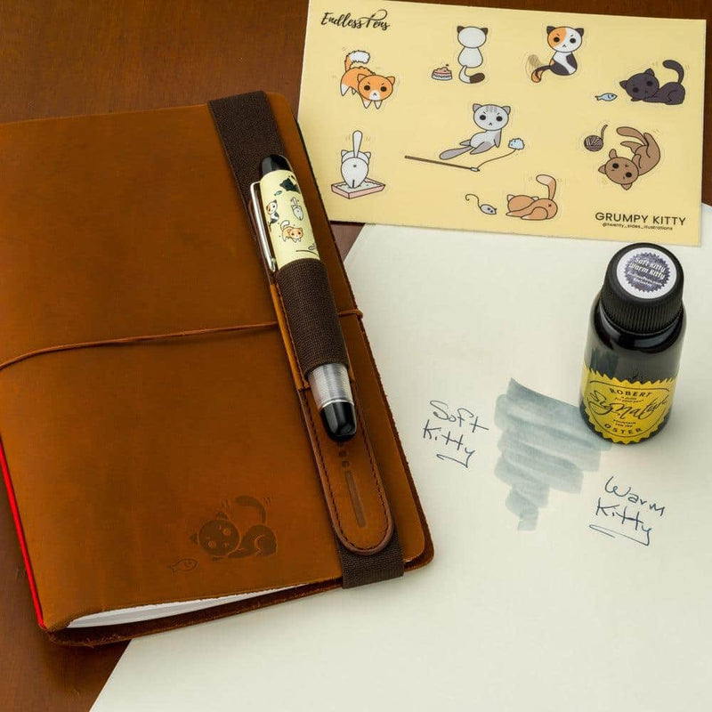 Endless Stationery Explorer Leather Large Grumpy Kitty Notebook - With Pen and Ink