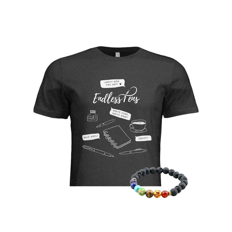 EndlessPens Write Here, Write Now T-Shirt - A Black Shirt With White Text And A Bracelet | EndlessPens