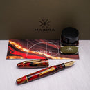 Maiora Ultra Ogiva Golden Rule Fountain Pen (8mm, 14K Gold) - Pen and Cap Cover Exposed Nib and Ink Bottle | EndlessPens