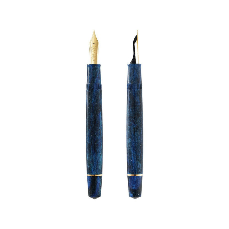 Omas Bologna Fountain Pen - Two Azzurro Diamante (Diamond Blue) Pens With Nib Exposed  On White Background | EndlessPens