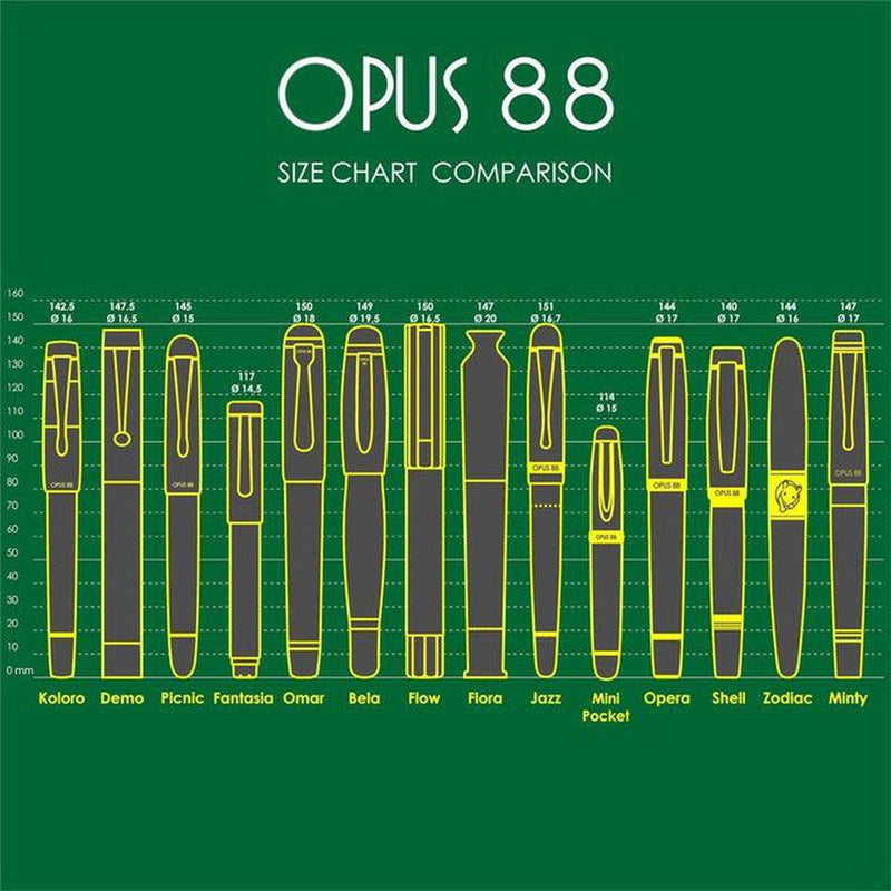 Opus 88 Hocus Opus Mini Tethered Pocket Fountain Pen (size chart comparison)