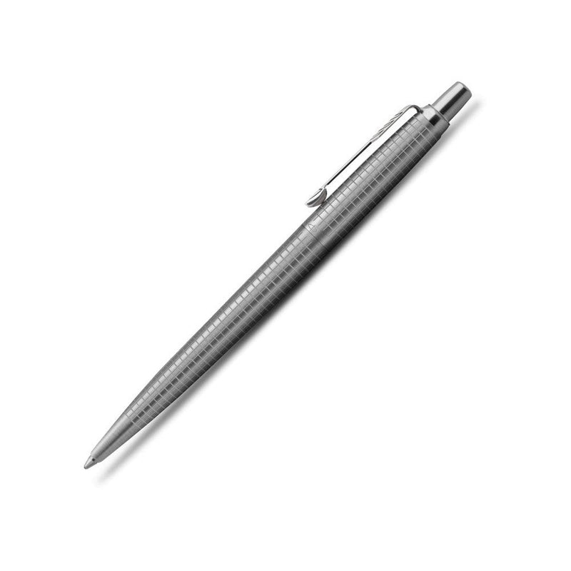 Parker Jotter 70th Anniversary Ballpoint Pen - Chrome Trim Pen Leaning To The Right On White Background | EndlessPens