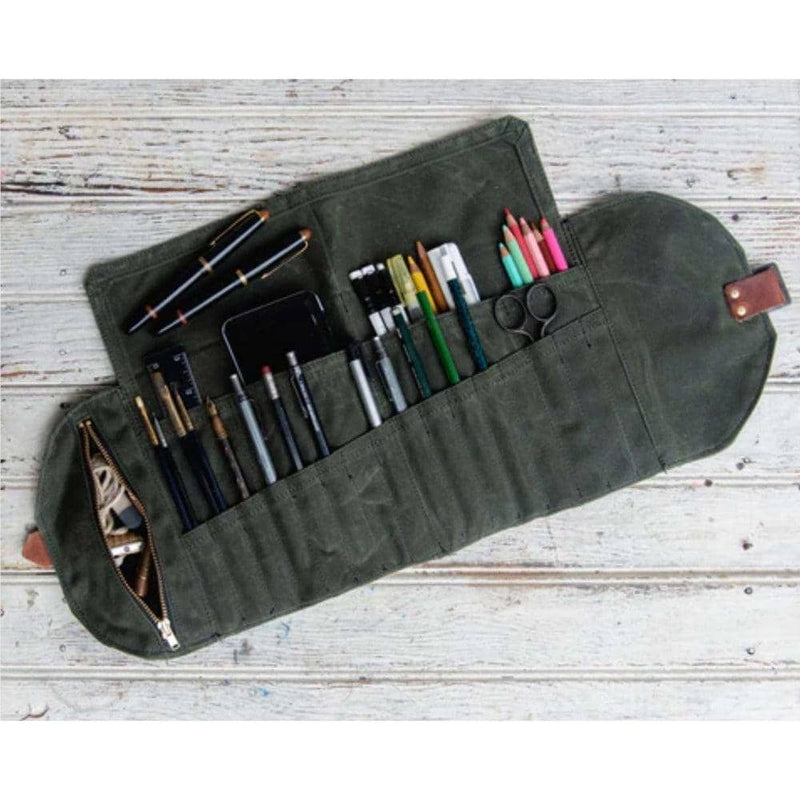 Roll up Mini Pencil Case Pen Roll Waxed Canvas and Leather -  Sweden