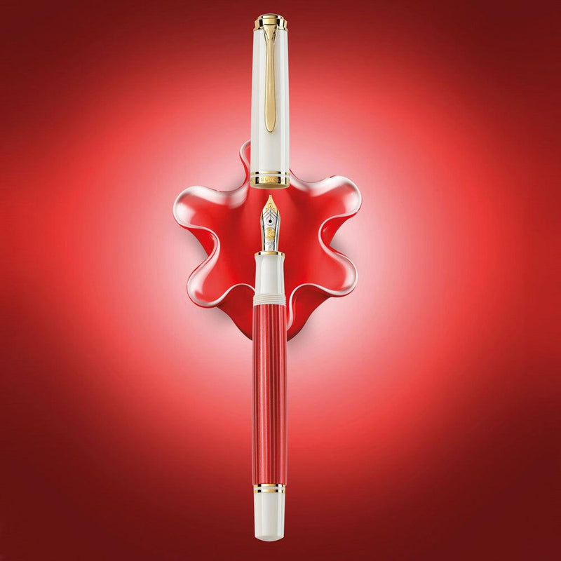 Pelikan M600 Souverän Red-White Fountain Pen - Cap and Nib Separated
