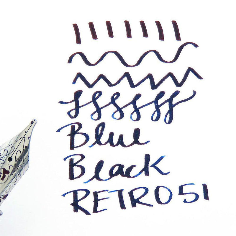 Retro 51 Blue Black Ink Bottle (30ml) - Color Sample With A Fountain Pen Nib On White Background | EndlessPens