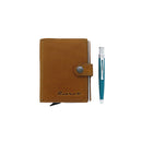 Retro 51 x Pularys Modern Traveler Wallet - Cognac Wallet And A Blue Pen On White Background | EndlessPens