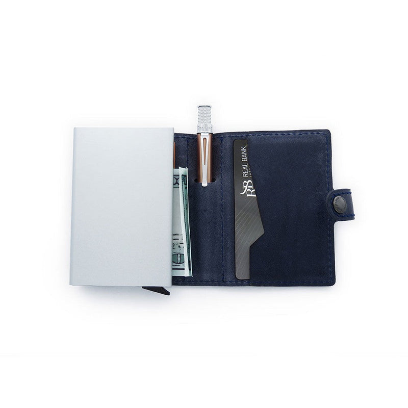 Retro 51 x Pularys Modern Traveler Wallet - Navy Wallet With Pen and Cards On White Background | EndlessPens