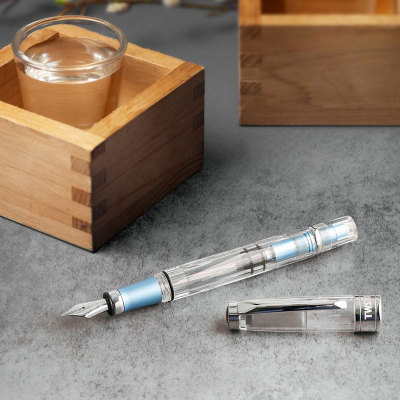 TWSBI Diamond 580AL Iceberg Fountain Pen - Pen With Detached Cap Cover With A Wooden Box And Glass Of Water | EndlessPens