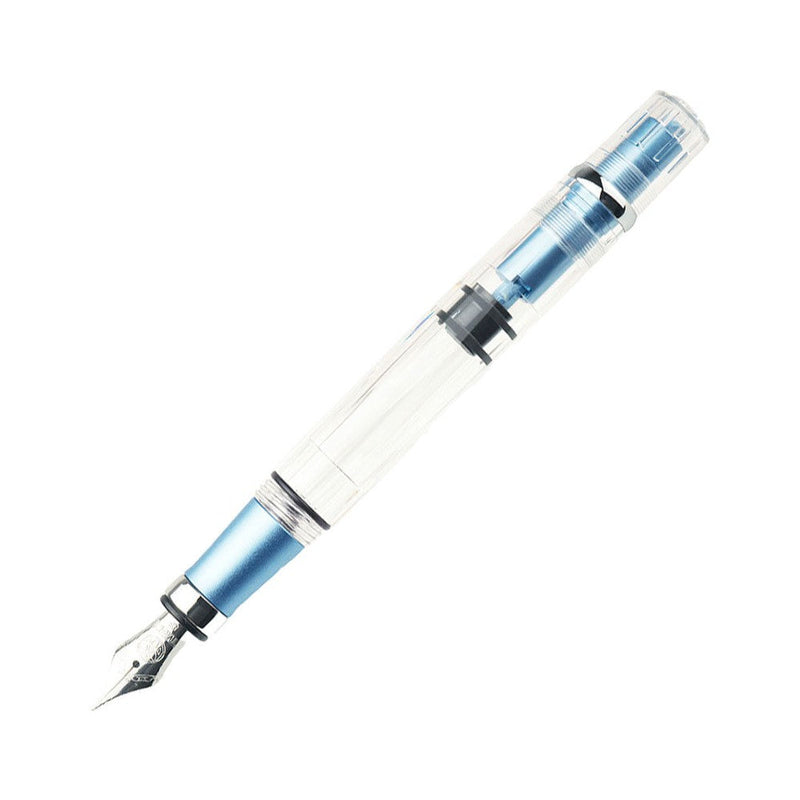 TWSBI Diamond 580AL Iceberg Fountain Pen - Pen With Exposed Nib Leaning To The Right With White Background | EndlessPens