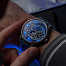 The Electricianz Hybrid E-Blue Watch - 43mm (A Person Wearing The Wristwatch)
