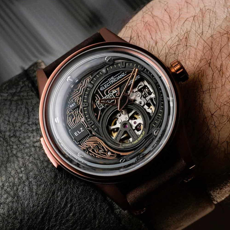The Electricianz Hybrid E-Circuit Bronze Watch - 43mm (On The Wrist Of A Person)