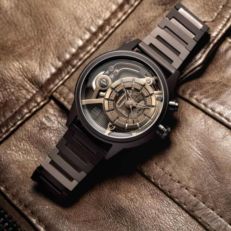 The Electricianz Brown Z Watch - 45mm (On Leather Background)